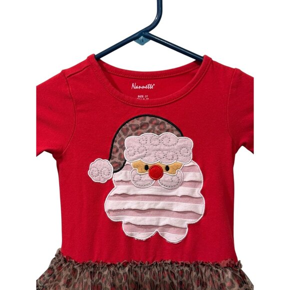 Nanette Girls 3T Red Christmas Dress With Santa Applique & Leopard Print Ruffle - Picture 3 of 4